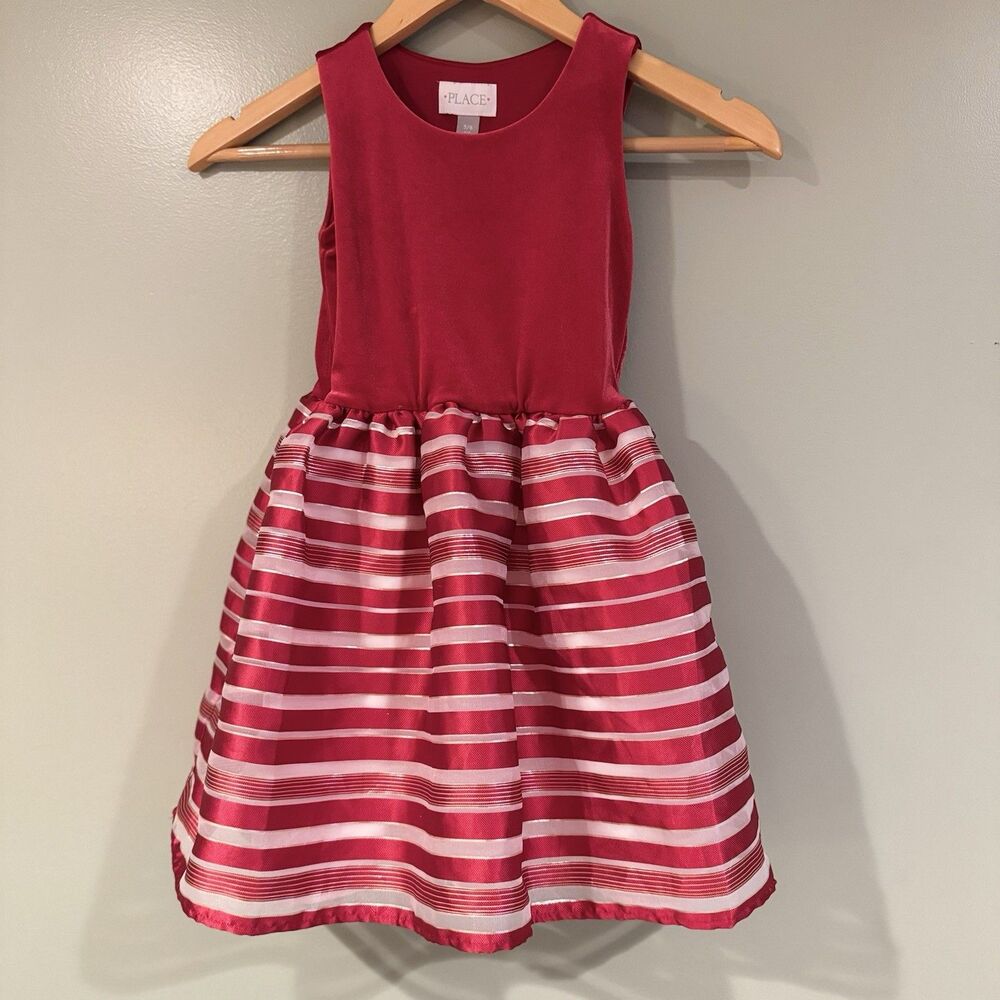 Childrens Place Red Velvet Striped Holiday Tutu Dress S 5-6 Sparkly Christmas EC